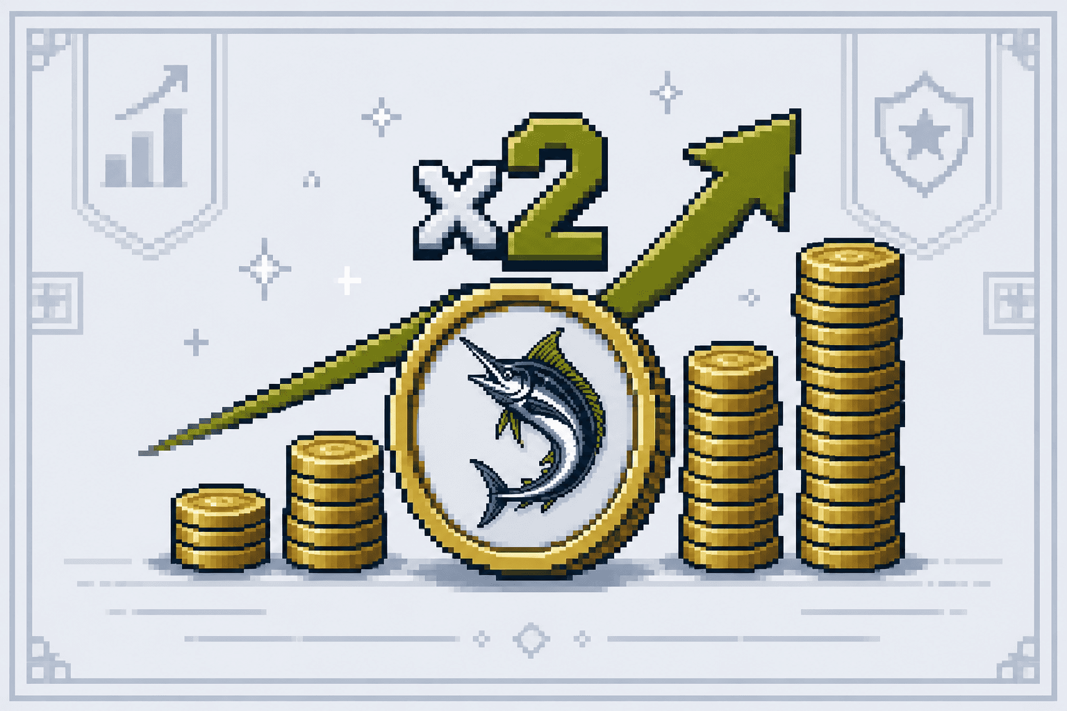 Pixel-art $JTM coin boosting a growing stack of fee payouts